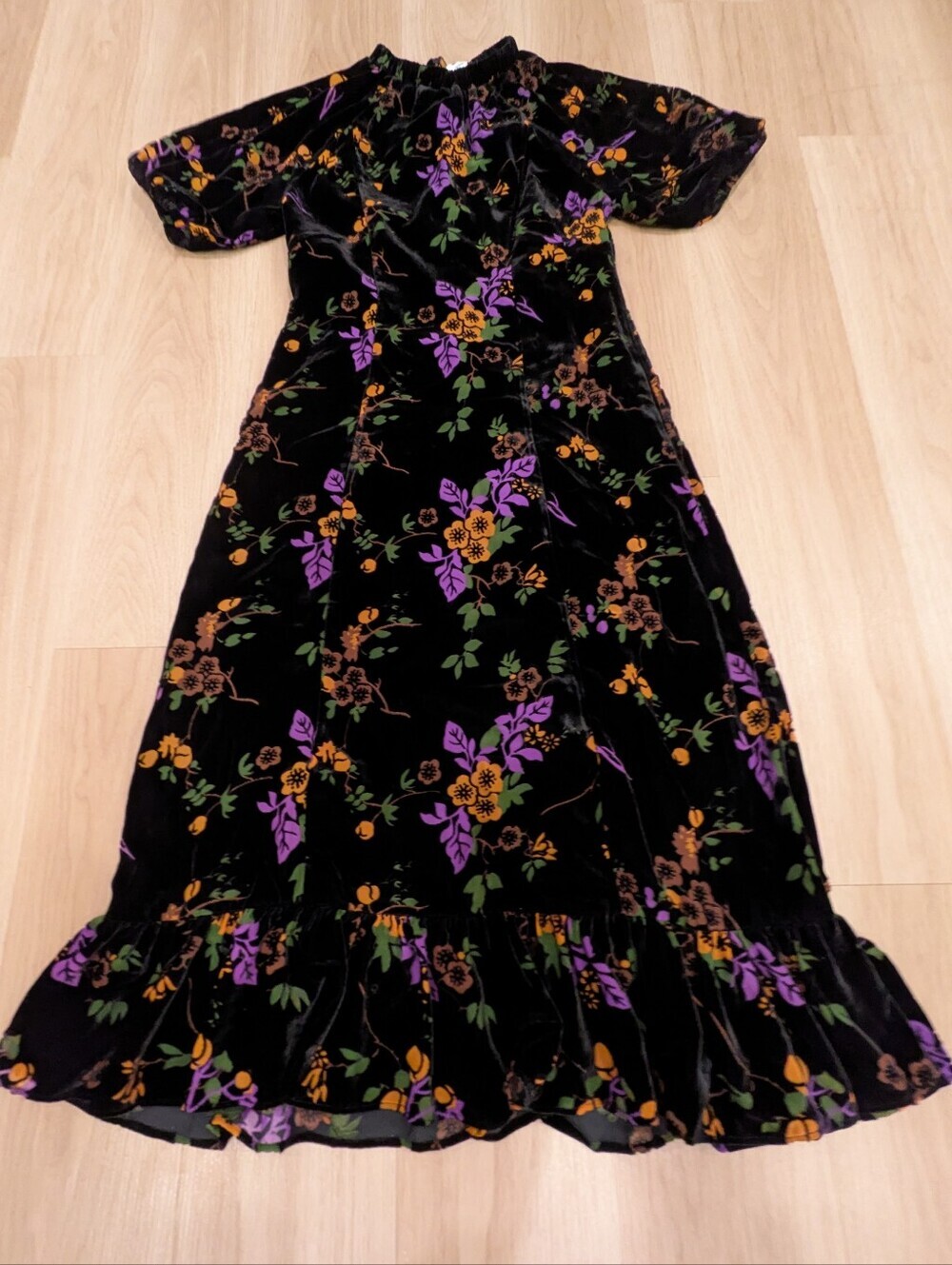 Anthropologie Othilia Black Purple Velvet Puff Sleeve Dress Size M